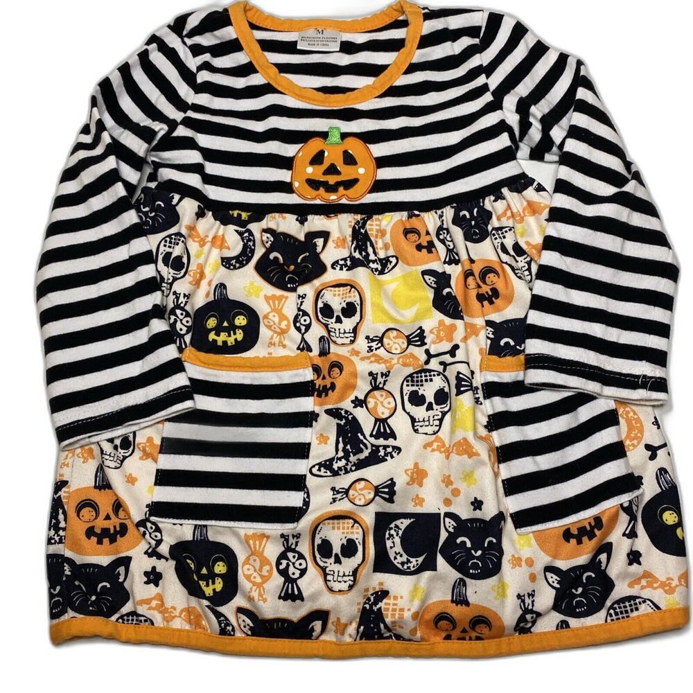 Toddler Girl's Halloween Jack-o-Lantern Striped Dress Size Medium Pumpkin Spooky
